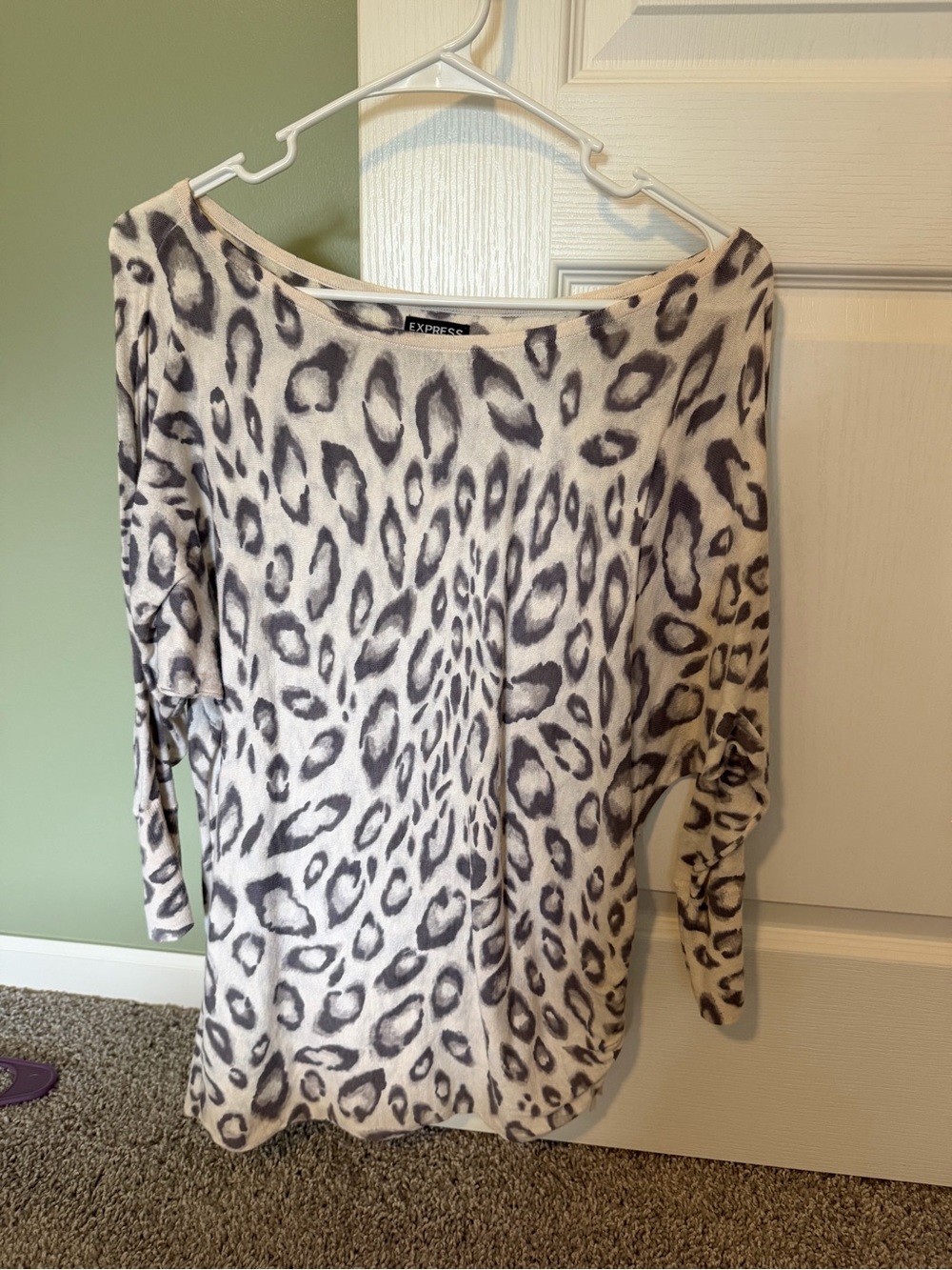 Express Women's Cream and Gray Leopard Boatneck Sweater Top